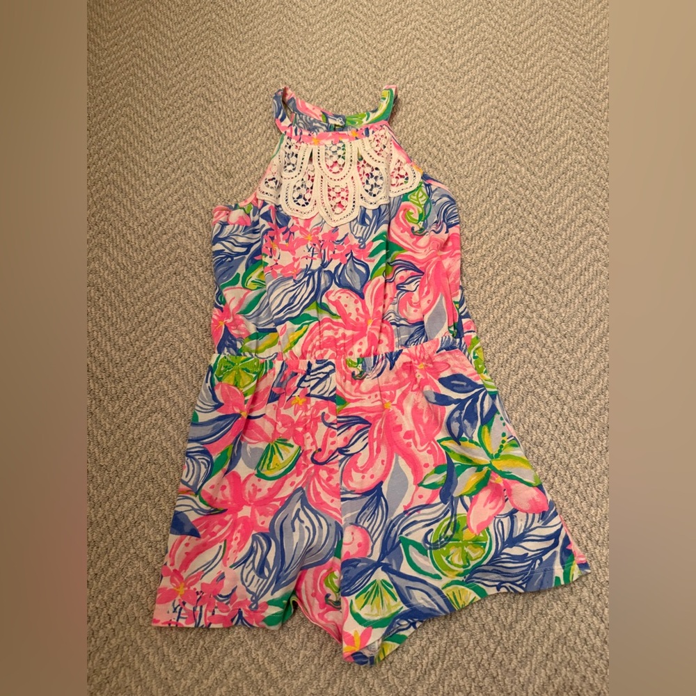 Lilly Pulitzer Girls Floral Halter Romper in Pink & Blue- size XL 12-14